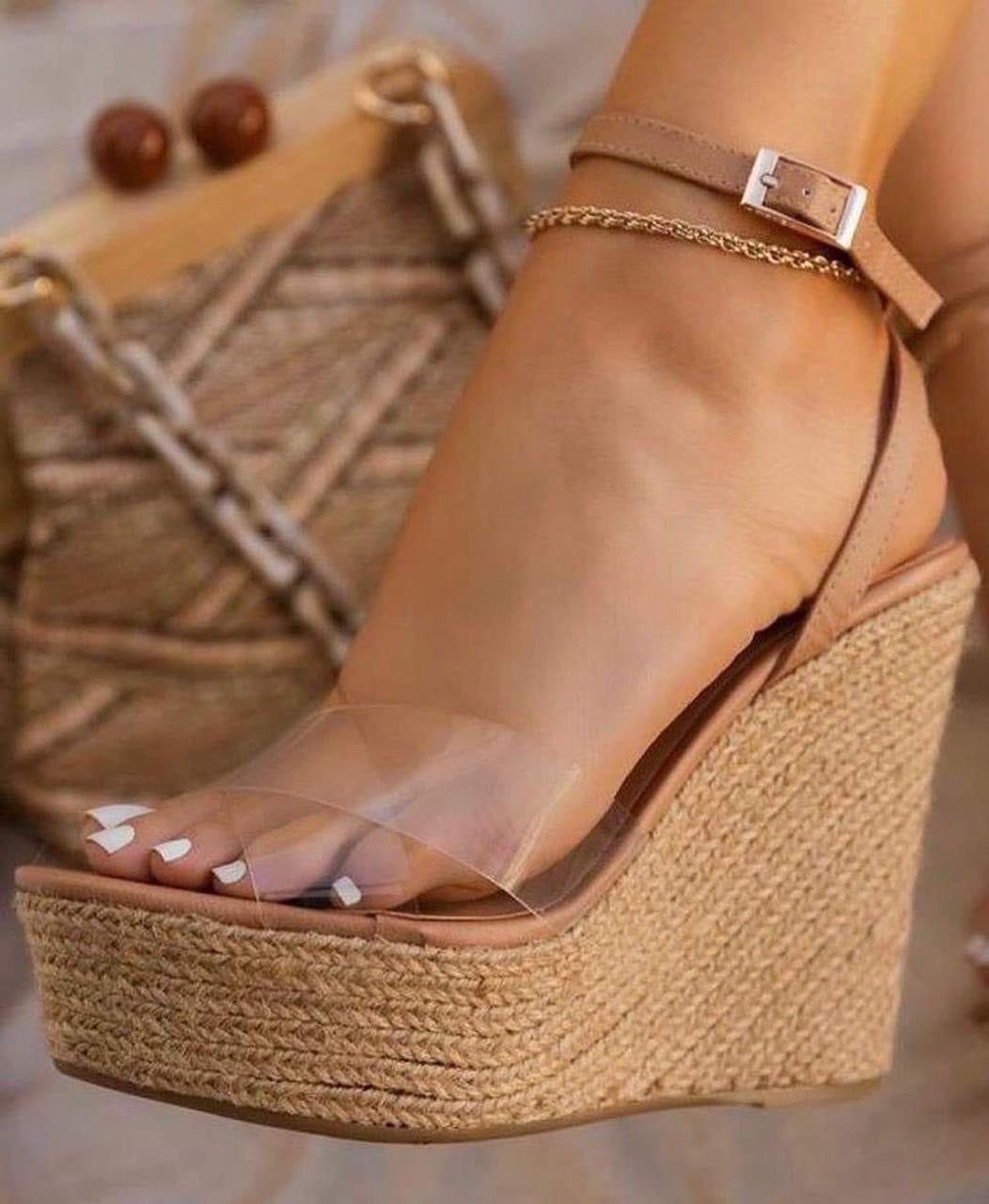 Sandalias Plataforma Yute con Vinilo Transparente